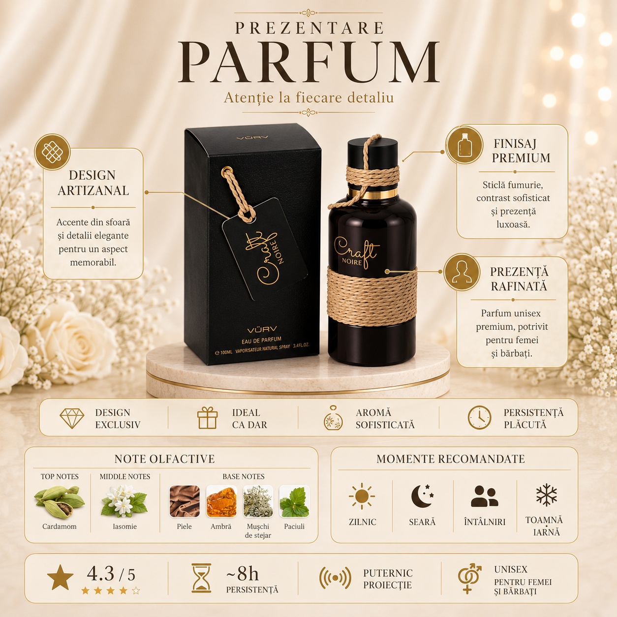 Prezentare Lattafa Vurv Craft Noire parfum unisex cu design artizanal, finisaj premium, cardamom, iasomie, piele, ambră, mușchi de stejar și patchouli