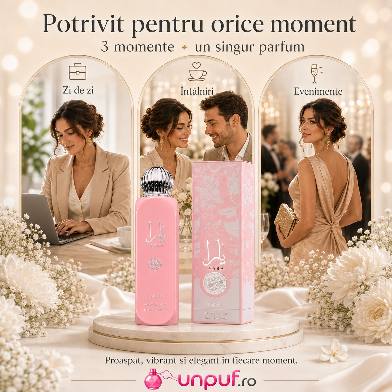 Lattafa Yara All Over Spray potrivit pentru orice moment, zi de zi, &icirc;nt&acirc;lniri și evenimente, proaspăt vibrant și elegant