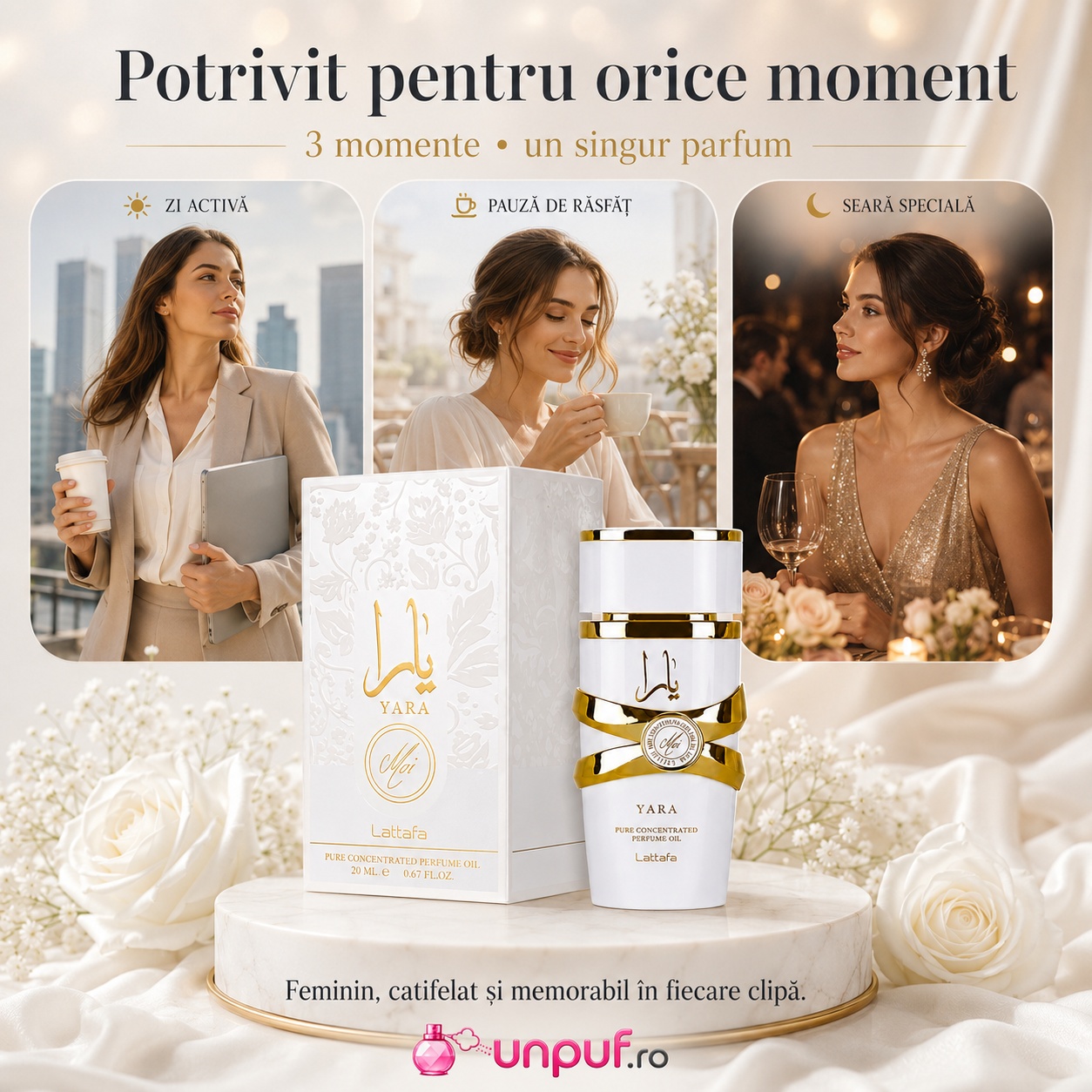 Lattafa Yara Moi Concentrated Oil potrivit pentru zi activă, pauză de răsfăț și seară specială, parfum feminin catifelat și memorabil