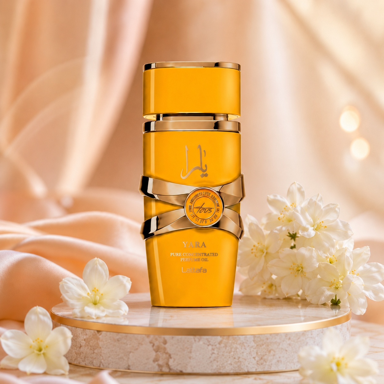 Flacon Lattafa Yara Tous Concentrated Oil 20 ml galben vibrant cu detalii aurii, design feminin și capac elegant