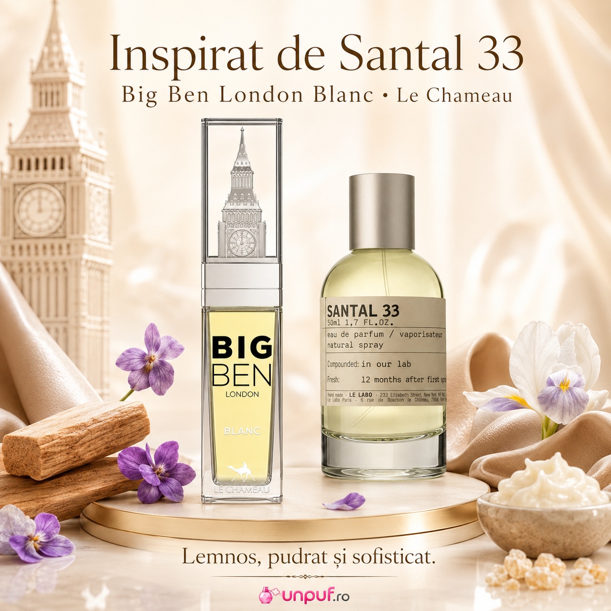Le Chameau Big Ben London Blanc inspirat de Santal 33 parfum lemnos pudrat și sofisticat
