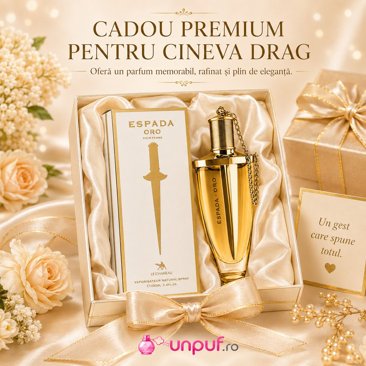 Le Chameau Espada Oro cadou premium pentru cineva drag cu sticlă aurie și ambalaj elegant