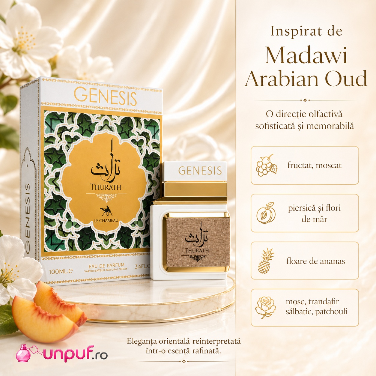 Le Chameau Genesis Thurath inspirat de Madawi Arabian Oud parfum fructat moscat cu piersică flori de măr floare de ananas mosc trandafir sălbatic și patchouli