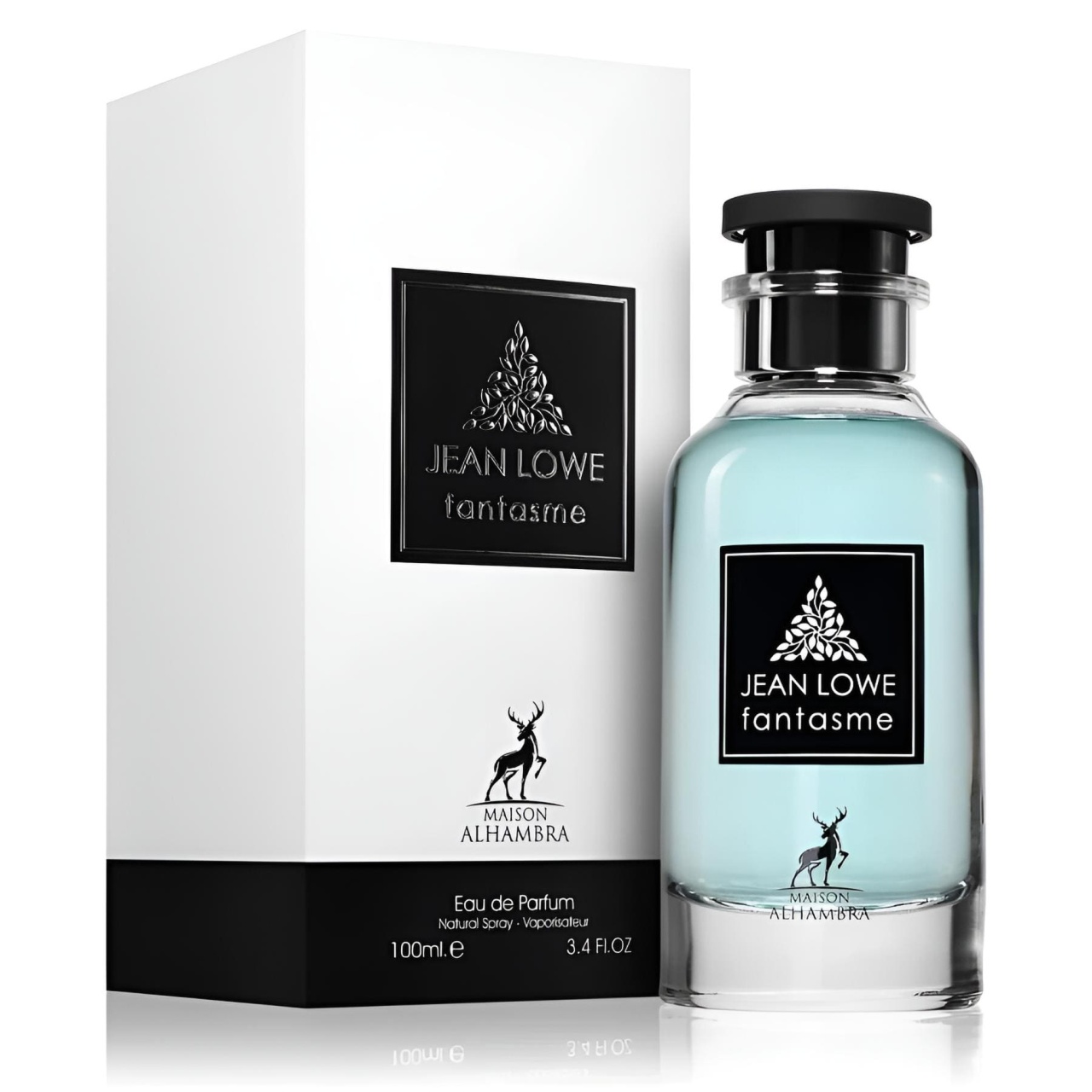 Maison Alhambra Jean Lowe Fantasme 100ml cu sticlă și cutie pe fundal alb, prezentare completă produs