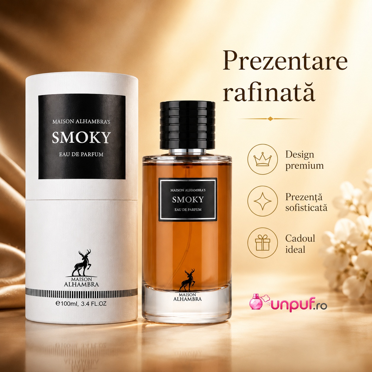 Prezentare rafinată Maison Alhambra Smoky cu design premium, prezență sofisticată și cadou ideal