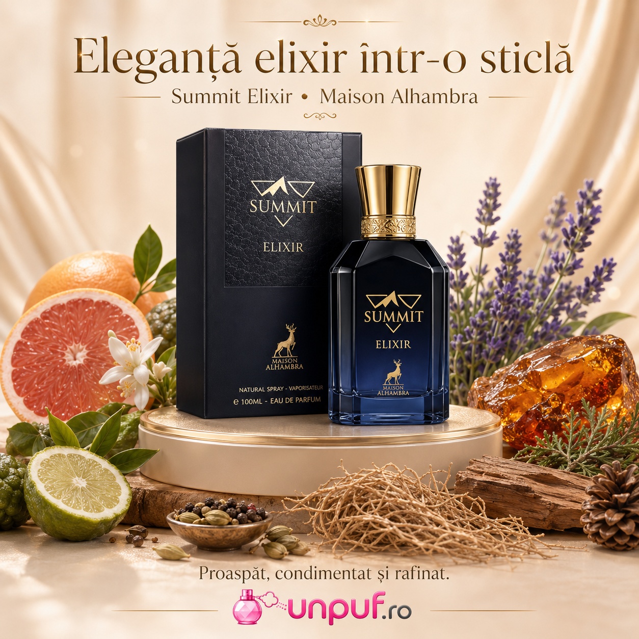 Maison Alhambra Summit Elixir eleganță într-o sticlă, parfum proaspăt condimentat și rafinat