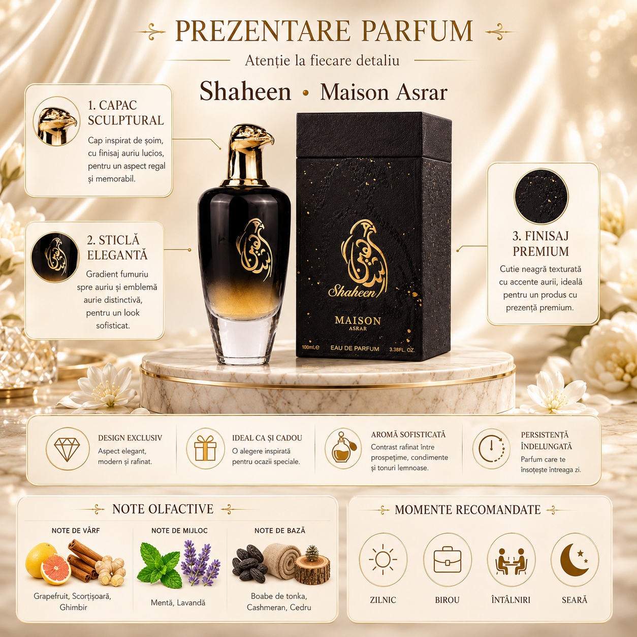 Maison Asrar Shaheen Black prezentare parfum cu capac sculptural, sticlă elegantă, finisaj premium și note olfactive