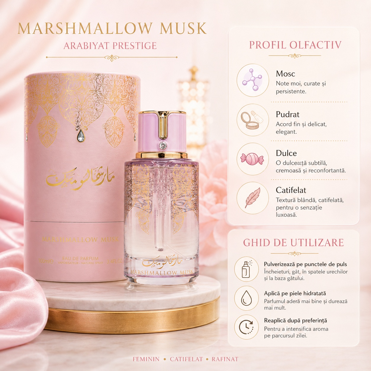 Profil olfactiv Marshmallow Musk cu note de mosc, pudrat, dulce și catifelat