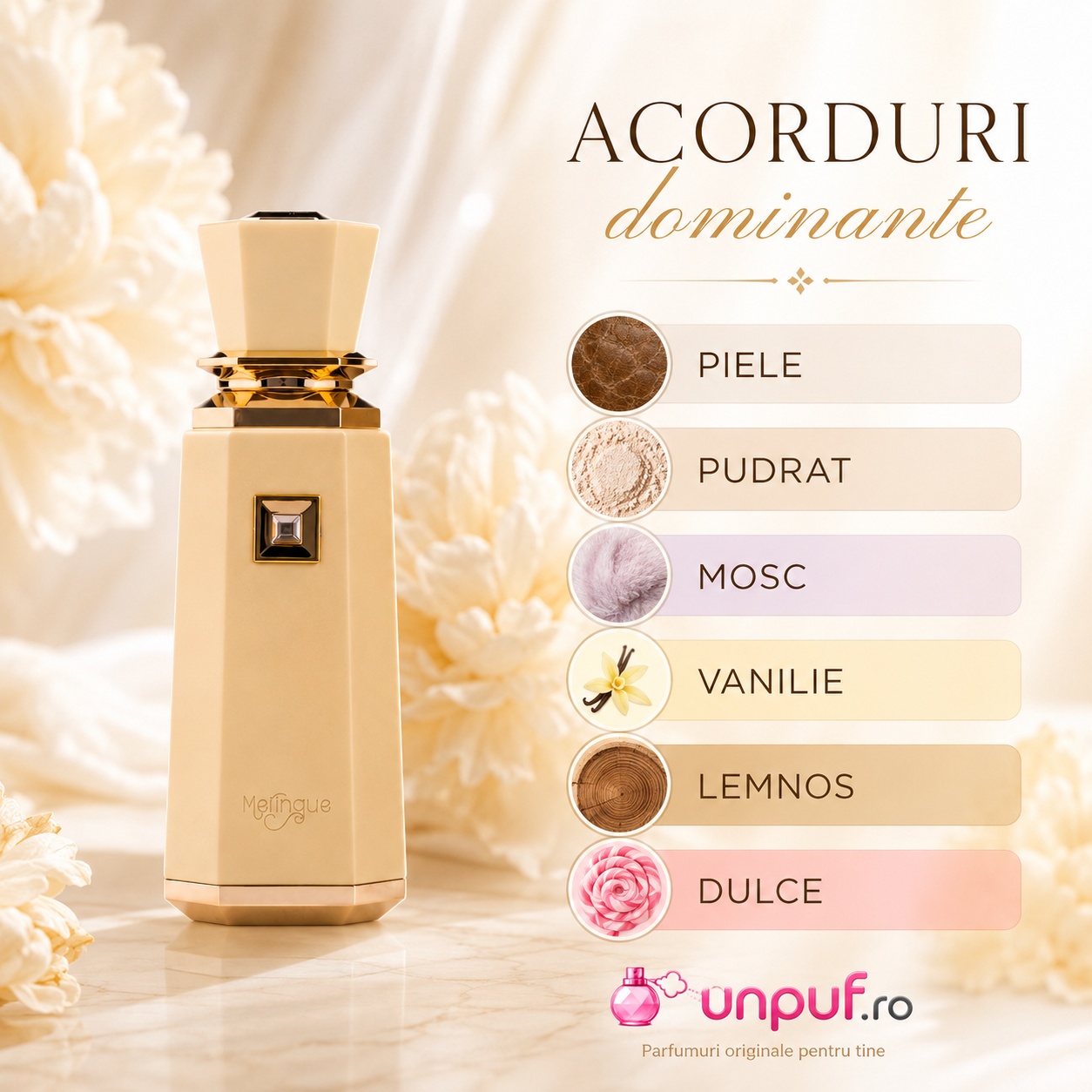 Acorduri dominante Meringue French Avenue piele pudrat mosc vanilie lemnos și dulce