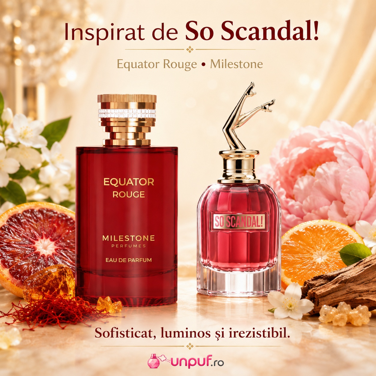 Milestone Equator Rouge inspirat de So Scandal parfum sofisticat luminos și irezistibil cu citrice iasomie șofran ambră și mosc