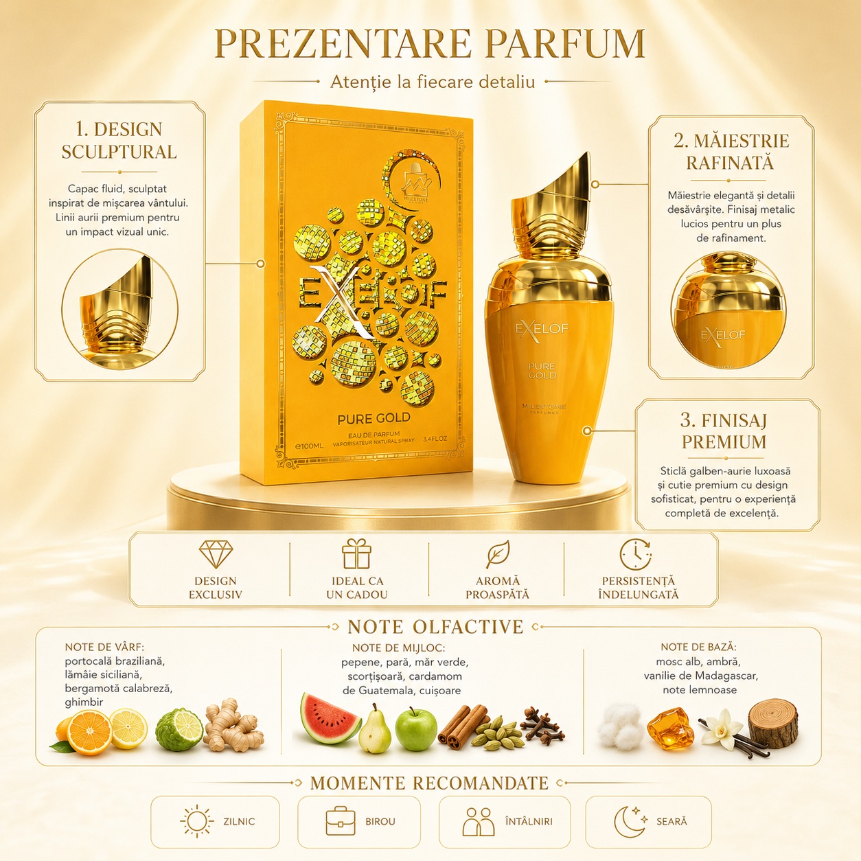 Prezentare parfum Milestone Exelof Pure Gold cu design sculptural măiestrie rafinată finisaj premium note olfactive și momente recomandate