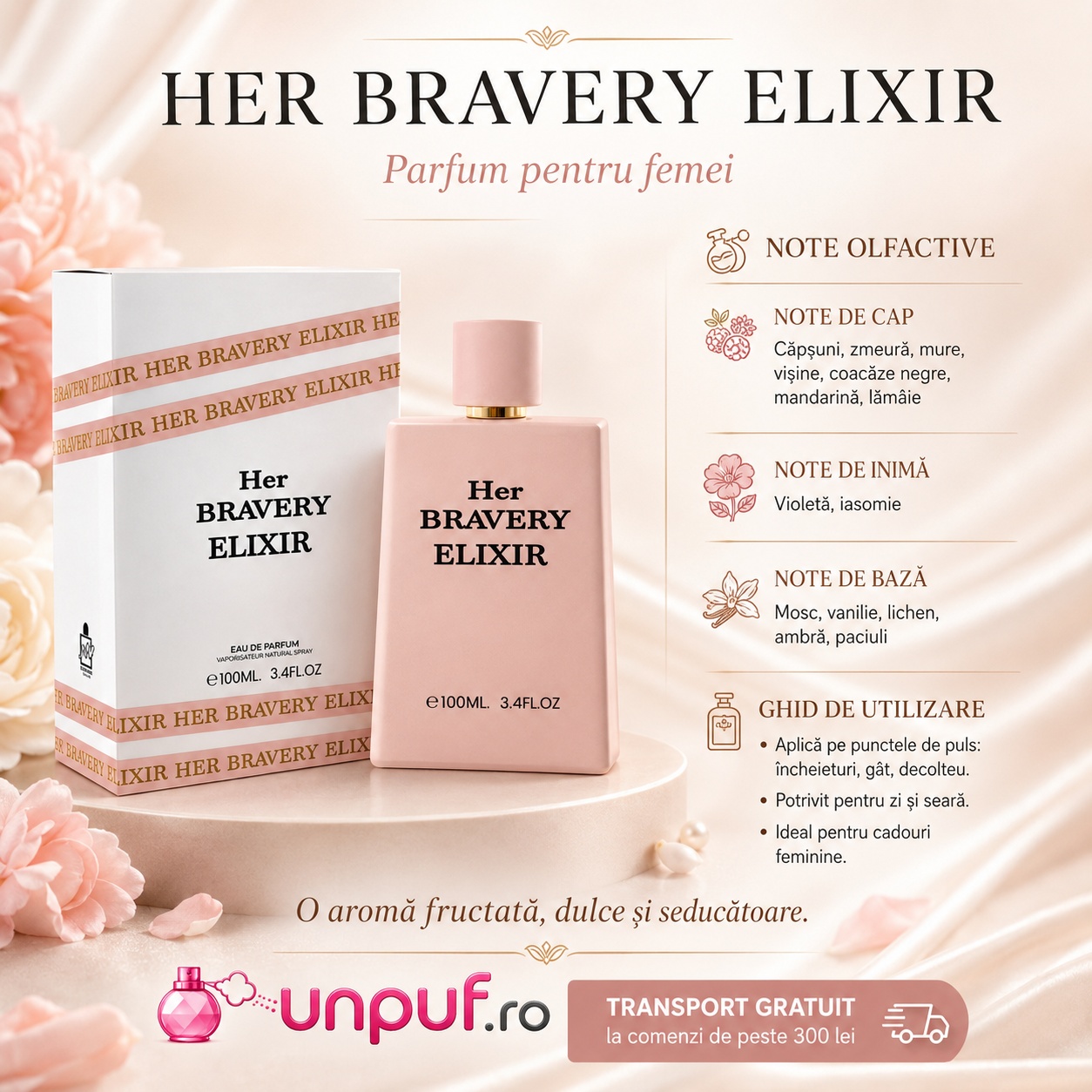 Ghid de utilizare Milestone Her Bravery Elixir cu note de căpșuni zmeură mure vișine coacăze negre mandarină lăm&acirc;ie violetă iasomie mosc vanilie lichen ambră și paciuli