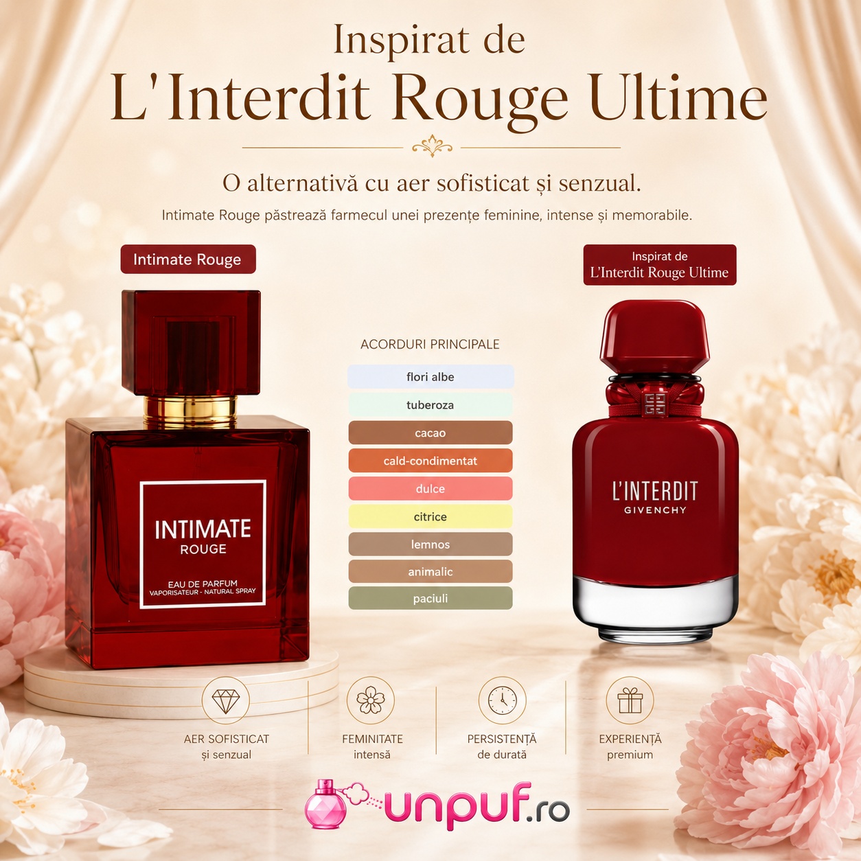 Milestone Intimate Rouge inspirat de L Interdit Rouge Ultime parfum sofisticat senzual și intens cu flori albe tuberoză cacao citrice note lemnoase și paciuli