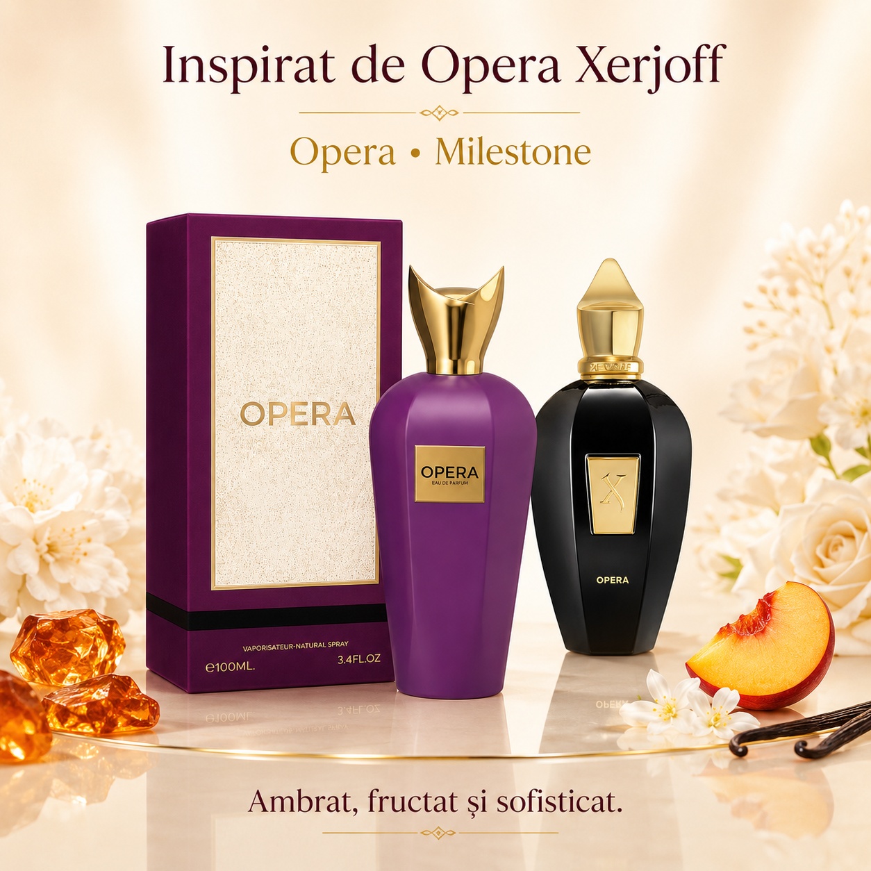 Milestone Opera inspirat de Opera Xerjoff parfum ambrat fructat și sofisticat cu trandafir piele mosc vanilie și note calde