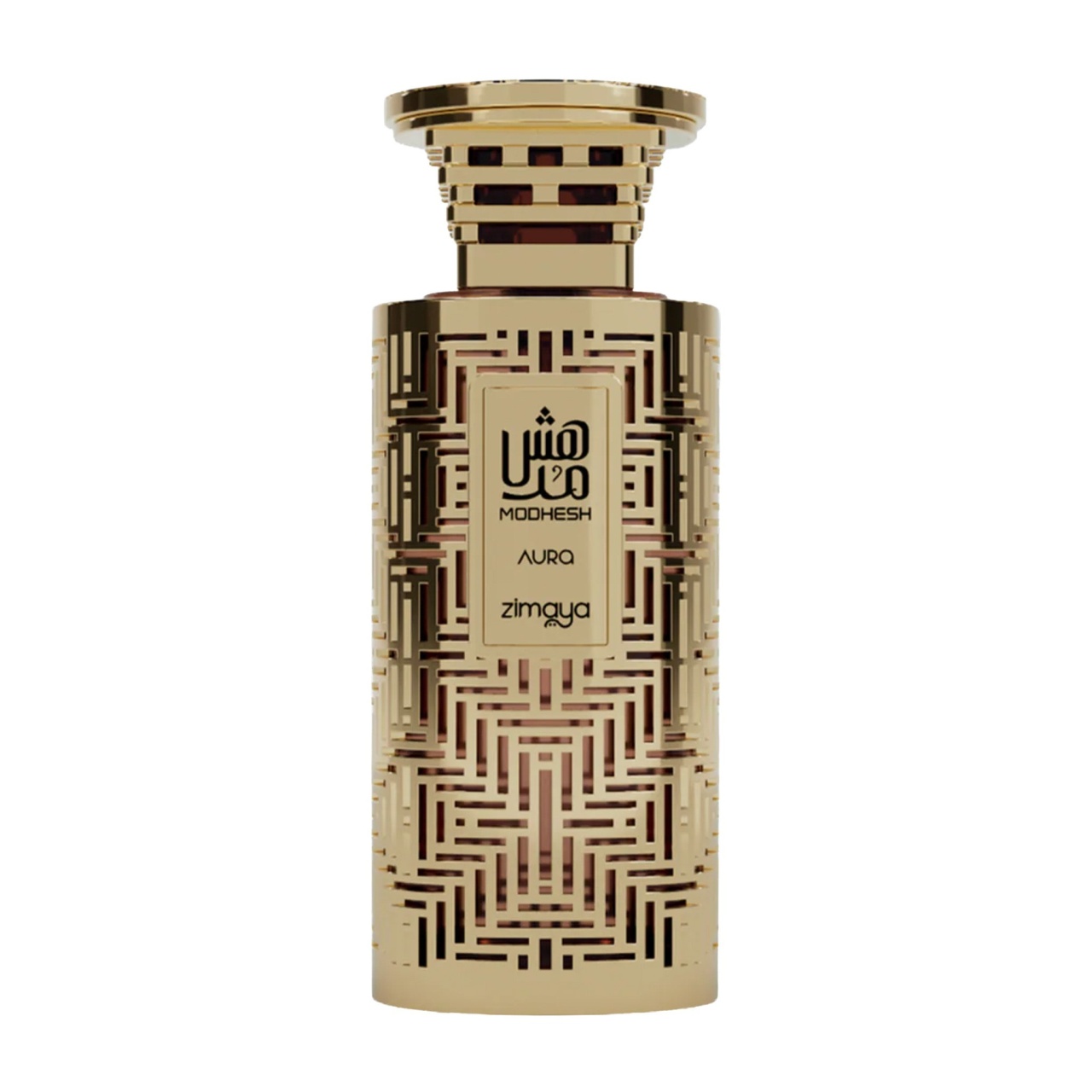 Parfum Modhesh Aura Zimaya 100 ml pe fundal alb cu flacon auriu geometric