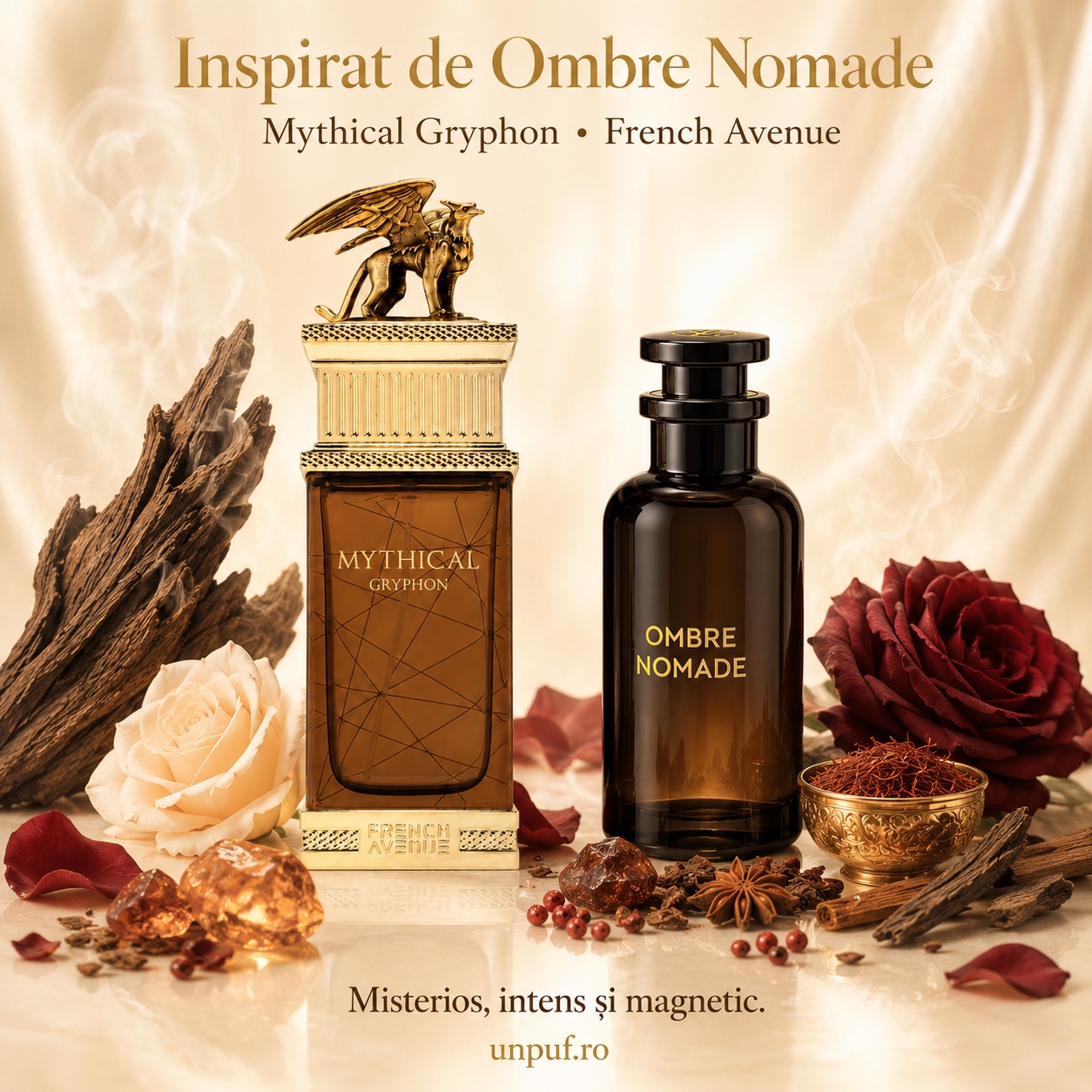 Mythical Gryphon inspirat de Ombre Nomade parfum misterios intens și magnetic cu oud, ambră, trandafir și șofran