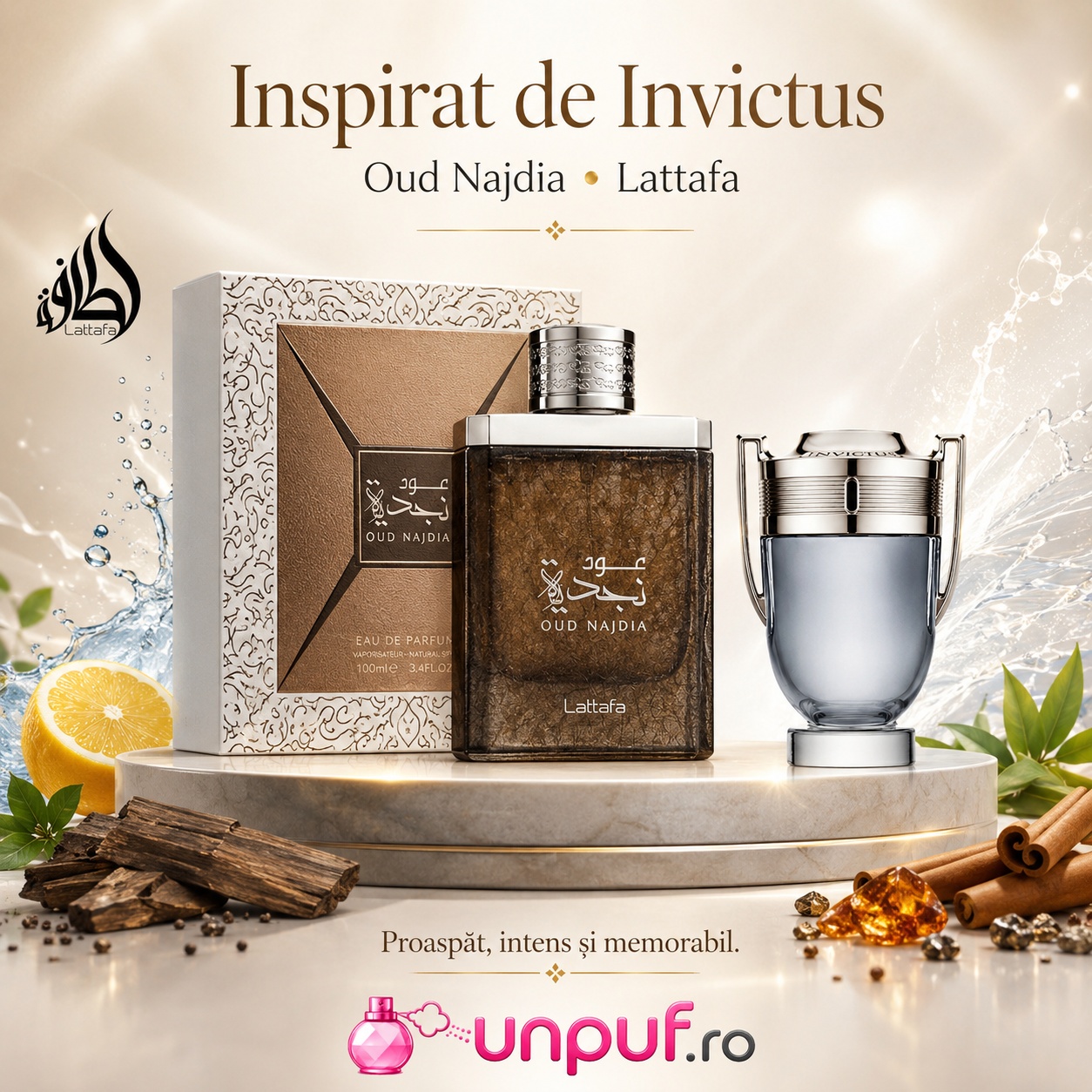 Najdia Oud Lattafa inspirat de Invictus parfum proaspăt intens și memorabil pentru bărbați