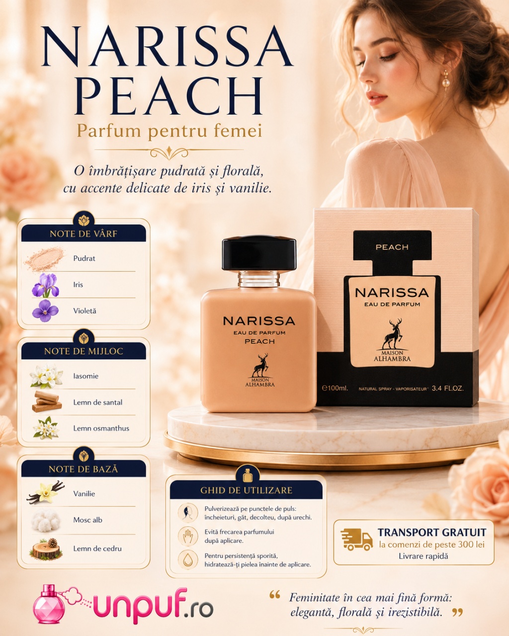 Prezentare parfum Narissa Peach Maison Alhambra cu note pudrate, iris, violetă, iasomie, vanilie, mosc alb și lemn de cedru