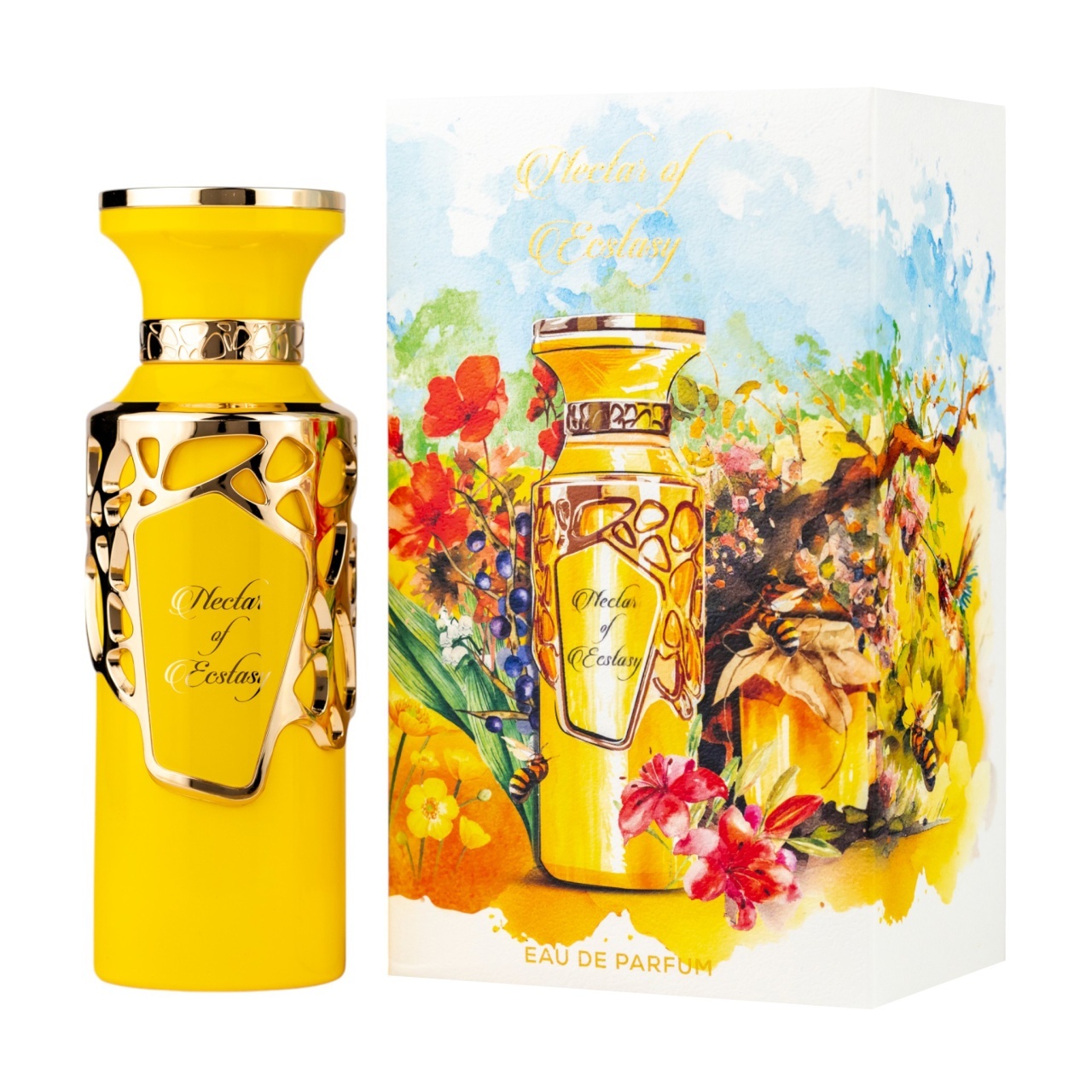 Parfum Nectar Of Ecstasy Fragrance World 100 ml imagine produs pe fundal alb cu flacon galben și cutie florală
