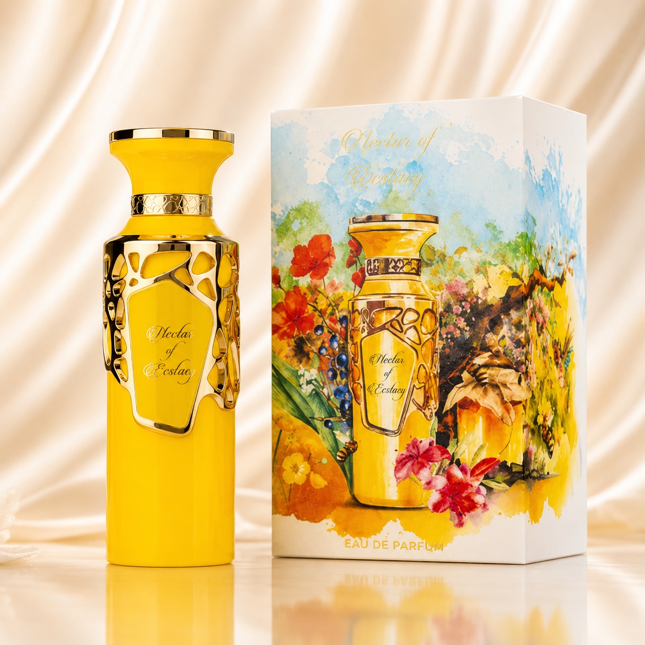 Parfum Arăbesc Nectar Of Ecstasy Fragrance World 100 ml cu flacon galben și cutie florală premium