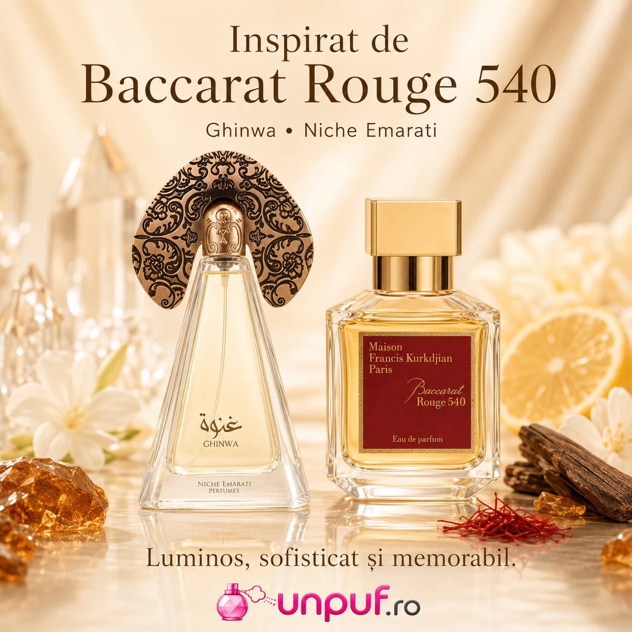 Niche Emarati Ghinwa inspirat de Baccarat Rouge 540 parfum luminos sofisticat și memorabil