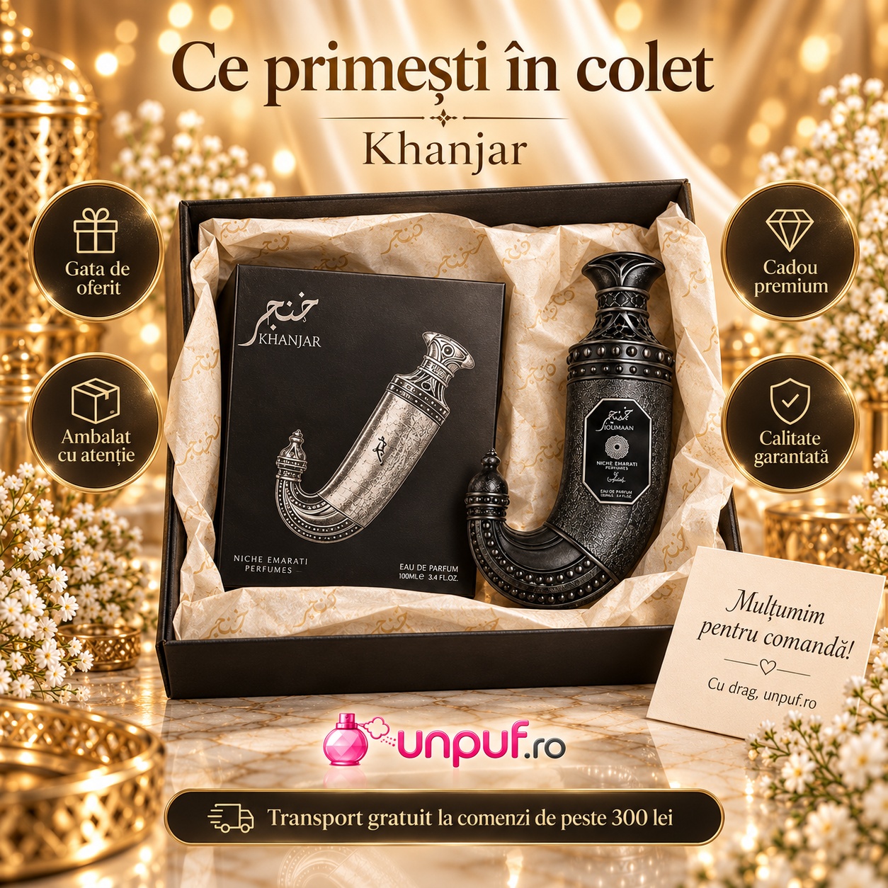 Ce primești în colet la parfumul Niche Emarati Khanjar 100 ml, ambalaj atent, cadou premium și calitate garantată