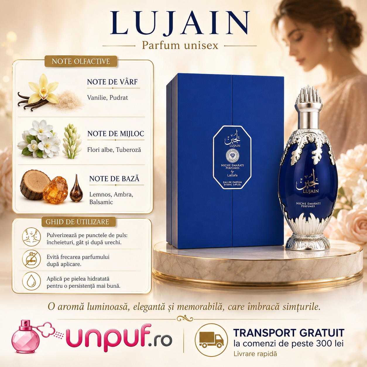 Ghid de utilizare Lujain Niche Emarati parfum unisex cu note de vanilie, pudrat, flori albe, tuberoză, lemn, ambră și balsamic