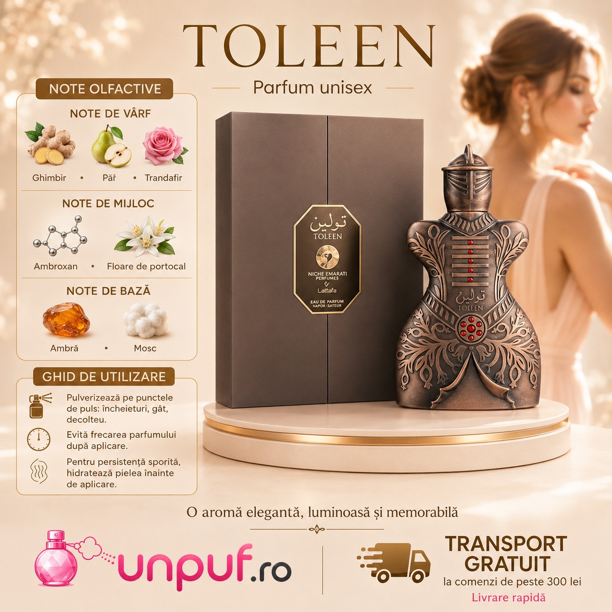 Ghid de utilizare Niche Emarati Toleen parfum unisex cu ghimbir, pară, trandafir, ambroxan, floare de portocal, ambră și mosc