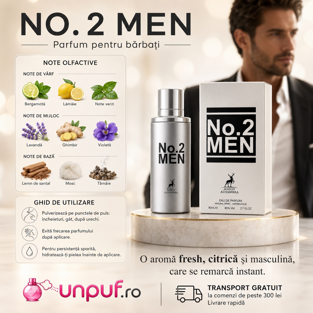 Ghid de utilizare No. 2 Men Maison Alhambra parfum cu bergamotă, lăm&acirc;ie, note verzi, lavandă, ghimbir, violetă, santal, mosc și tăm&acirc;ie