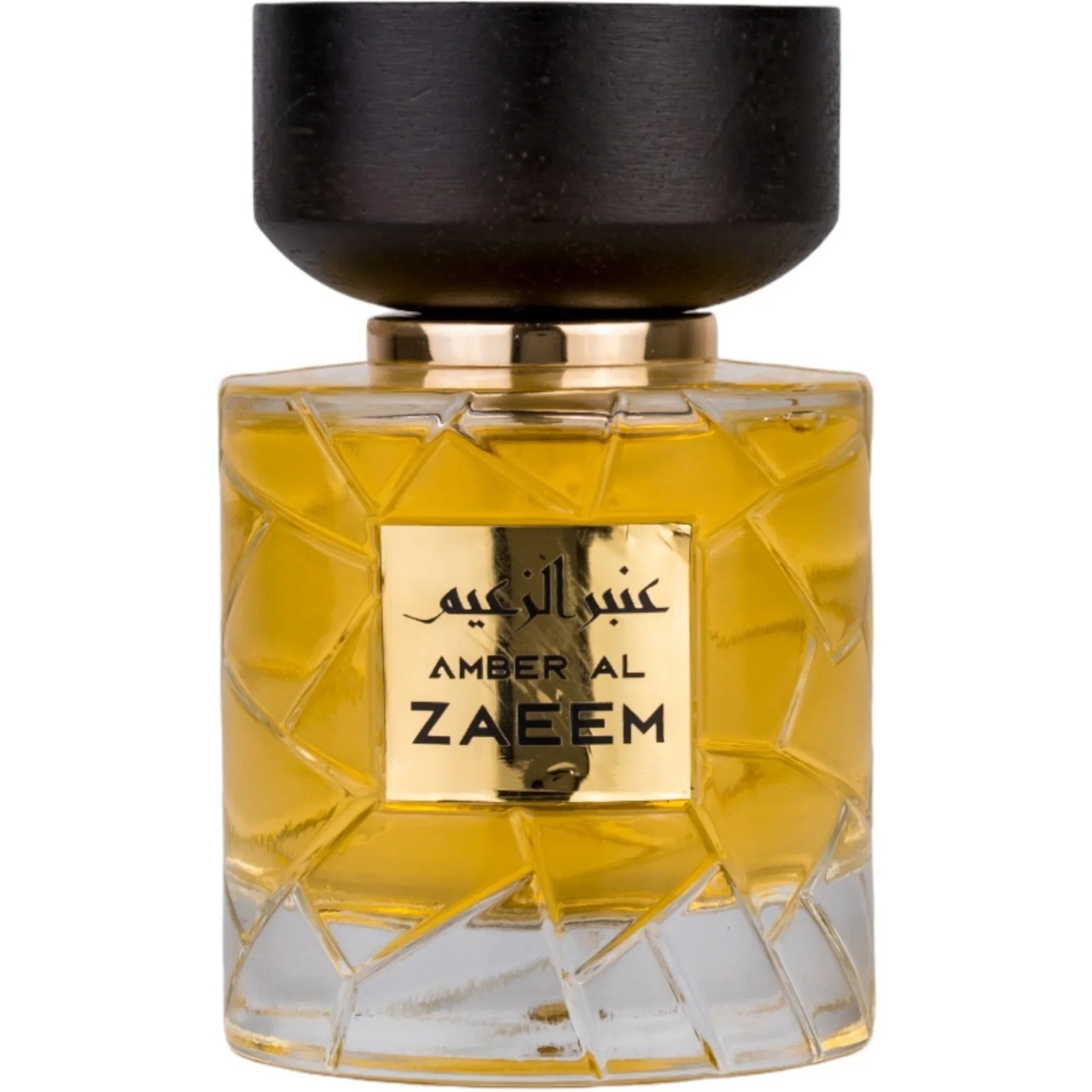 Flacon Nylaa Amber Al Zaeem 100 ml cu lichid ambrat, capac negru și model fațetat premium