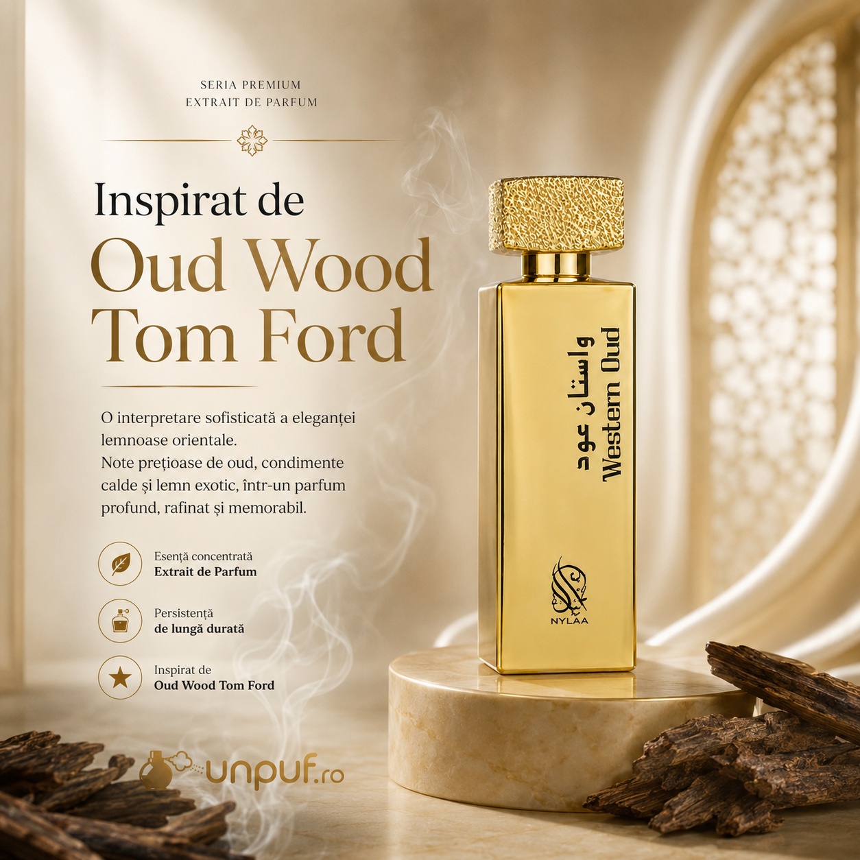 Nylaa Western Oud inspirat de Oud Wood Tom Ford parfum lemnos oriental rafinat și memorabil