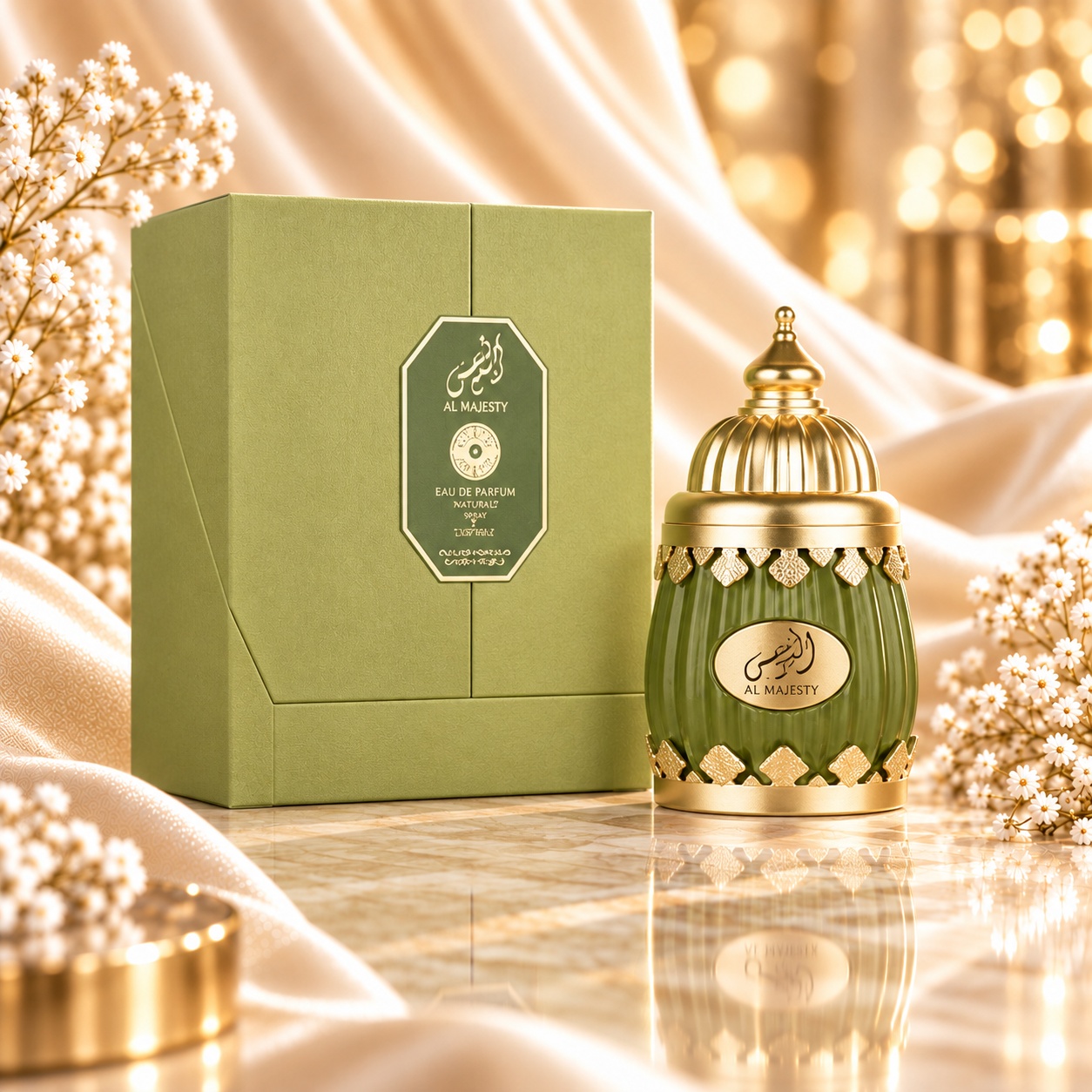 Parfum OEM Al Narjis 100 ml, flacon verde olive cu detalii aurii și cutie premium