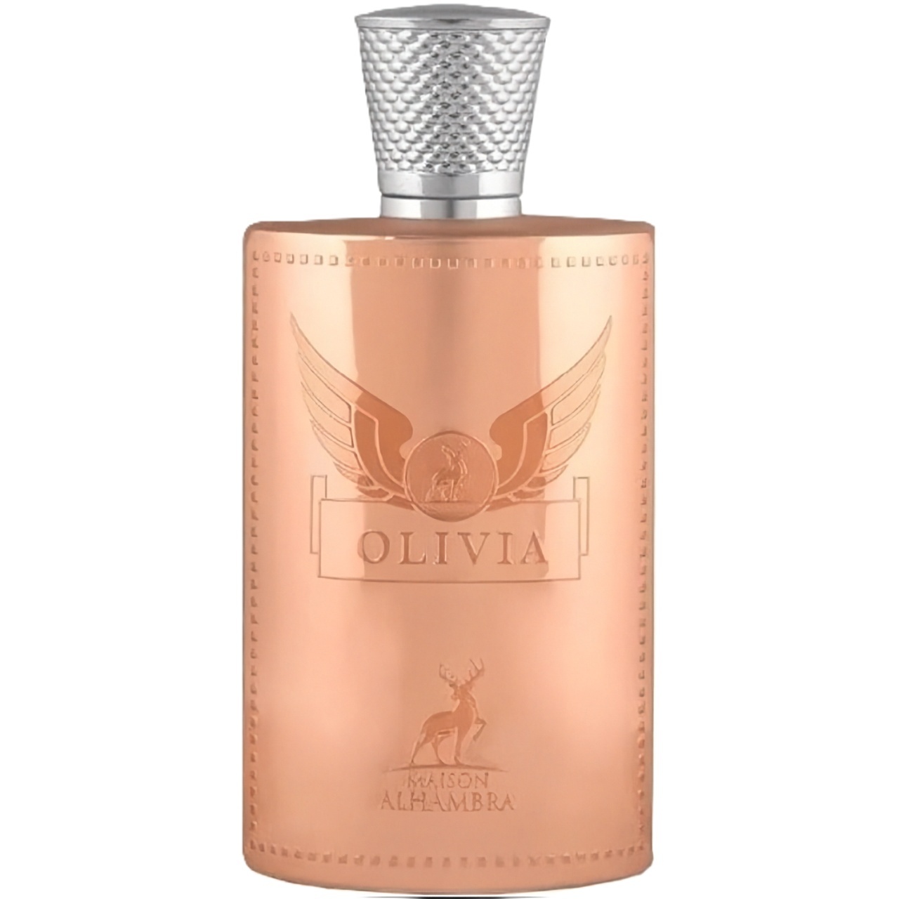 Flacon Olivia Maison Alhambra peach metalizat cu capac argintiu texturat și design feminin premium