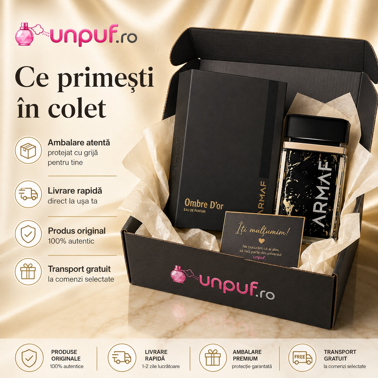 Ce primești &icirc;n colet Parfum Ombre D&rsquo;or Armaf 75 ml ambalat cu atenție