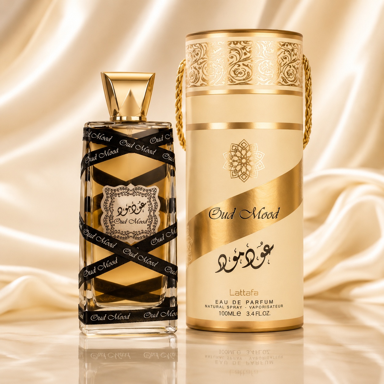 Parfum Arăbesc Oud Mood Gold Lattafa EDP 100 ml Unisex cu sticlă elegantă, panglici negre, capac auriu și cutie cilindrică aurie premium