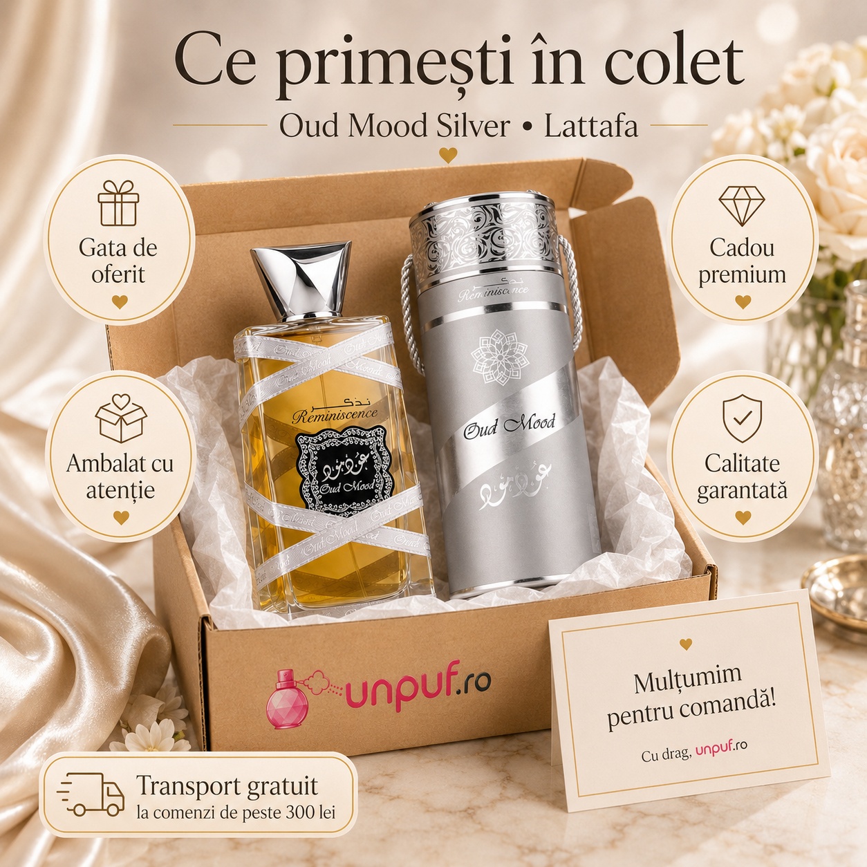 Ce primești &icirc;n colet Oud Mood Reminiscence Lattafa 100 ml parfum unisex ambalat cu atenție cadou premium