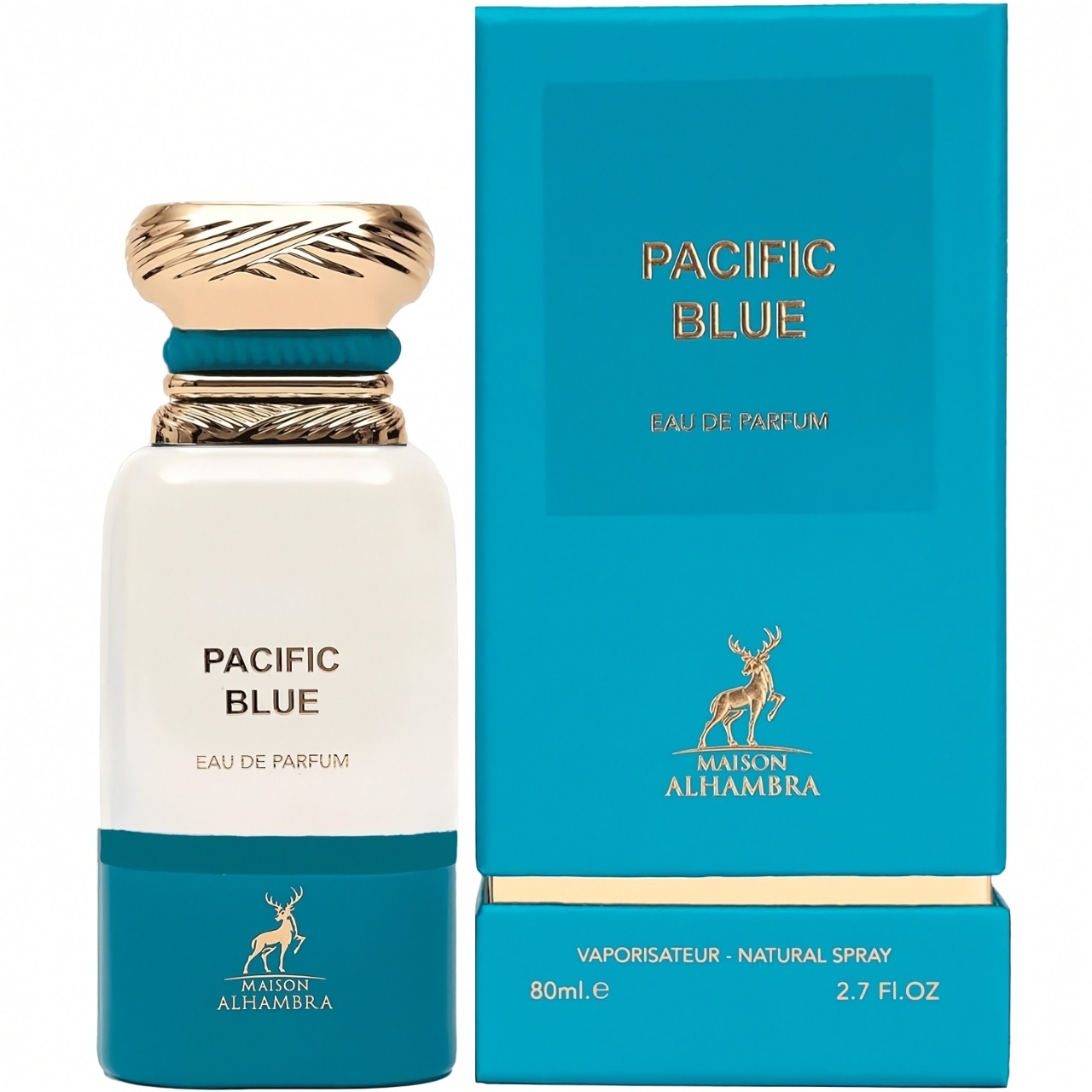 Pacific Blue Maison Alhambra 80 ml sticlă și cutie produs pe fundal alb