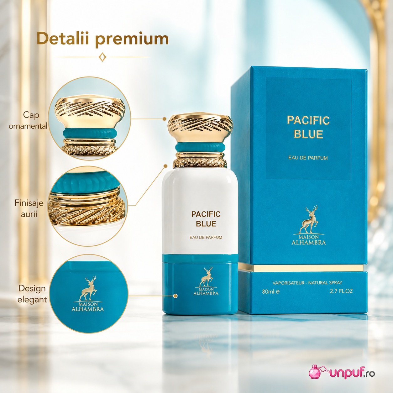 Detalii premium Pacific Blue Maison Alhambra cu capac ornamental, finisaje aurii și design elegant