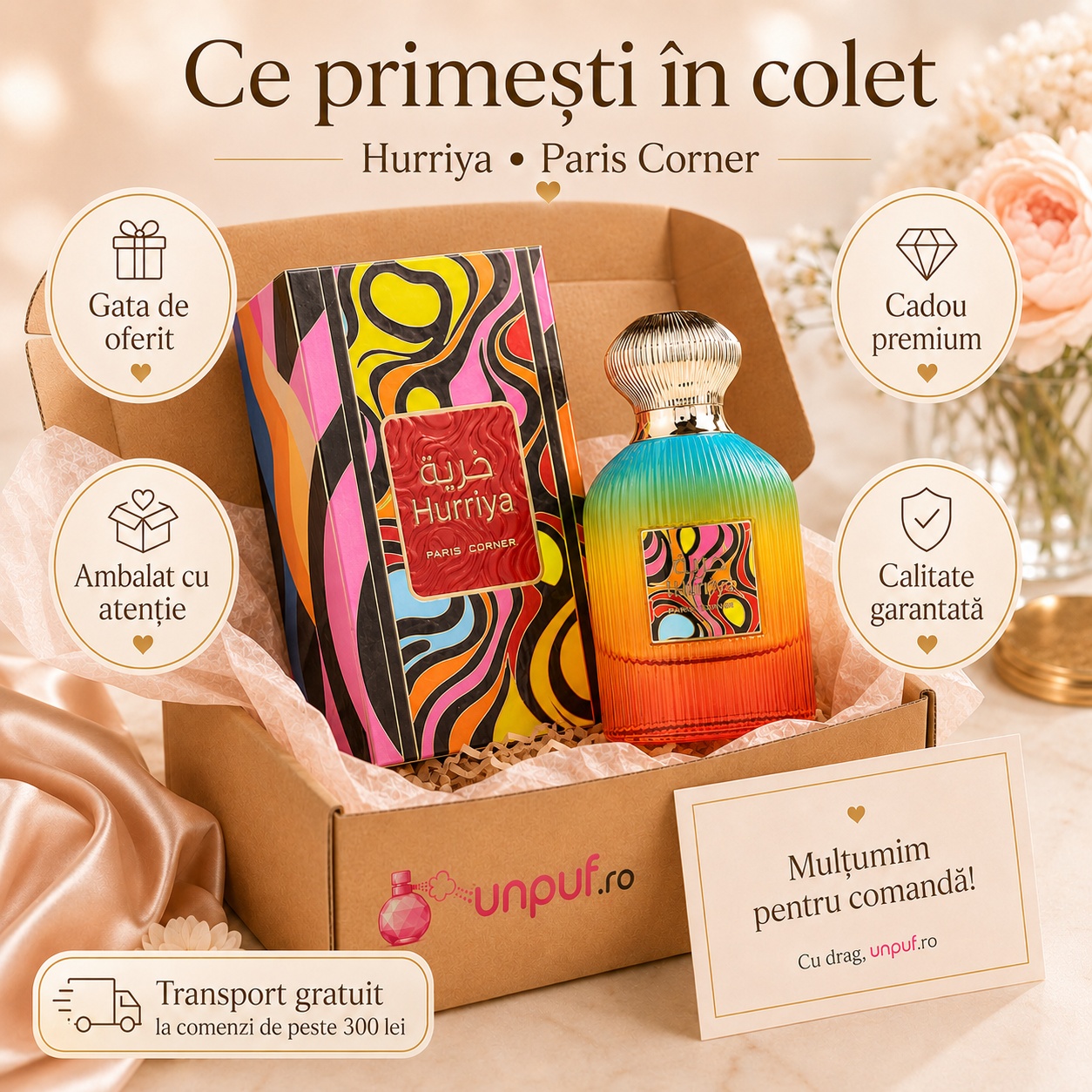 Ce primești în colet Paris Corner Hurriya 100 ml, parfum original ambalat cu atenție și cadou premium