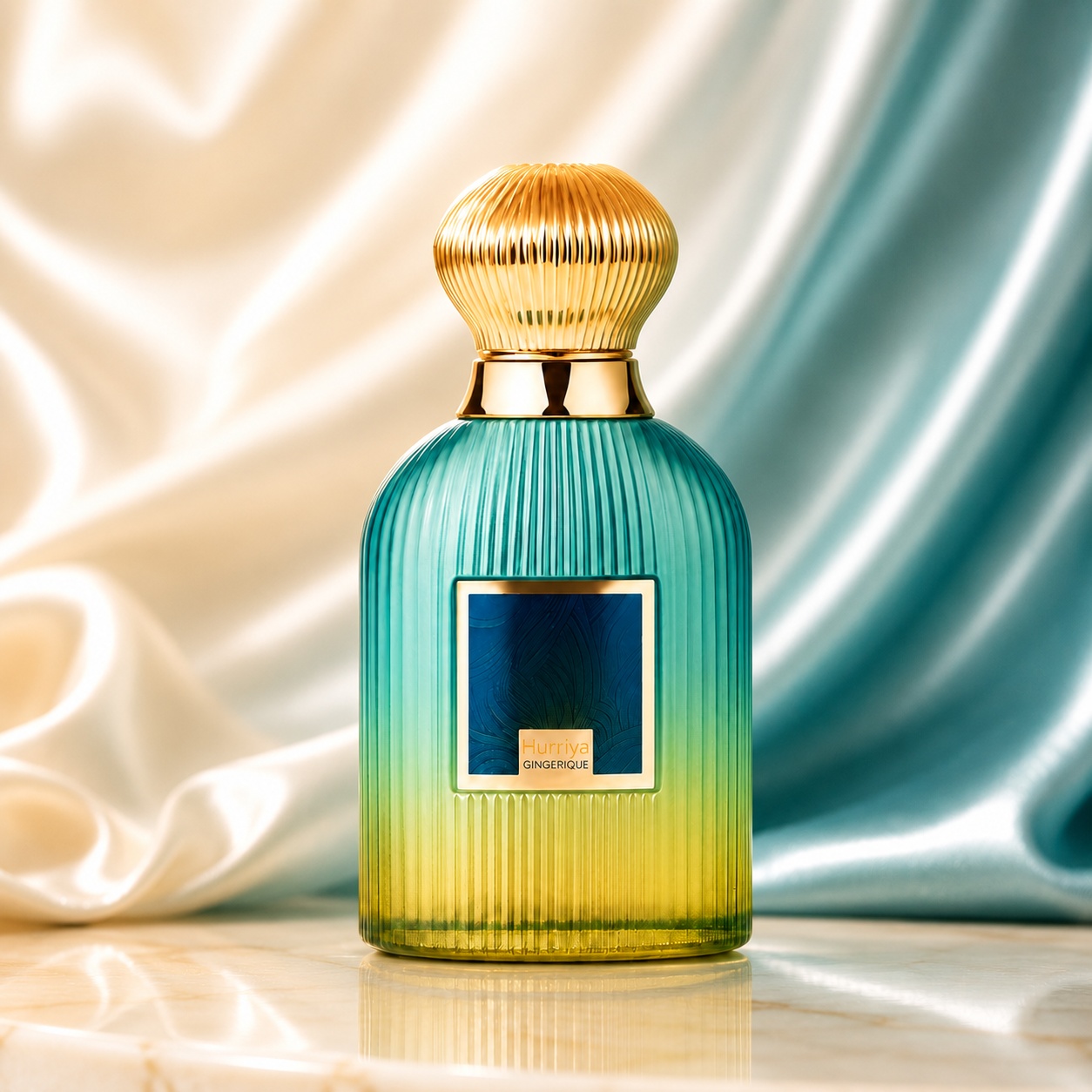 Sticlă parfum Hurriya Gingerique Paris Corner 100 ml cu design turcoaz galben și capac auriu