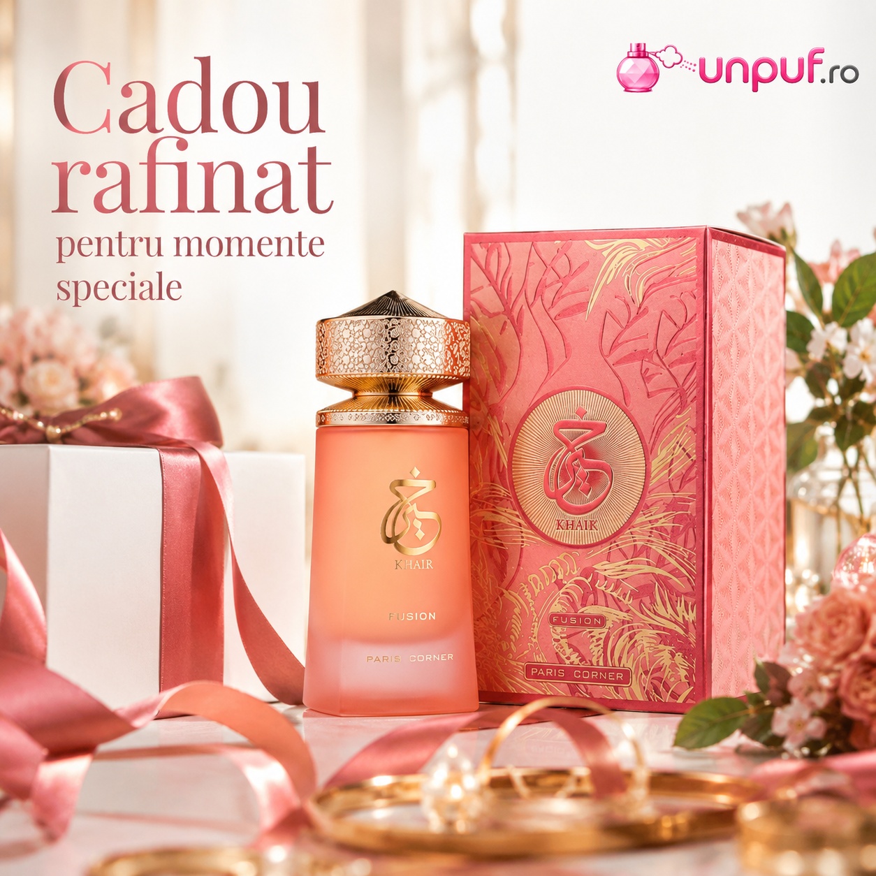 Khair Fusion cadou rafinat pentru momente speciale, parfum arabesc cu ambalaj roz auriu