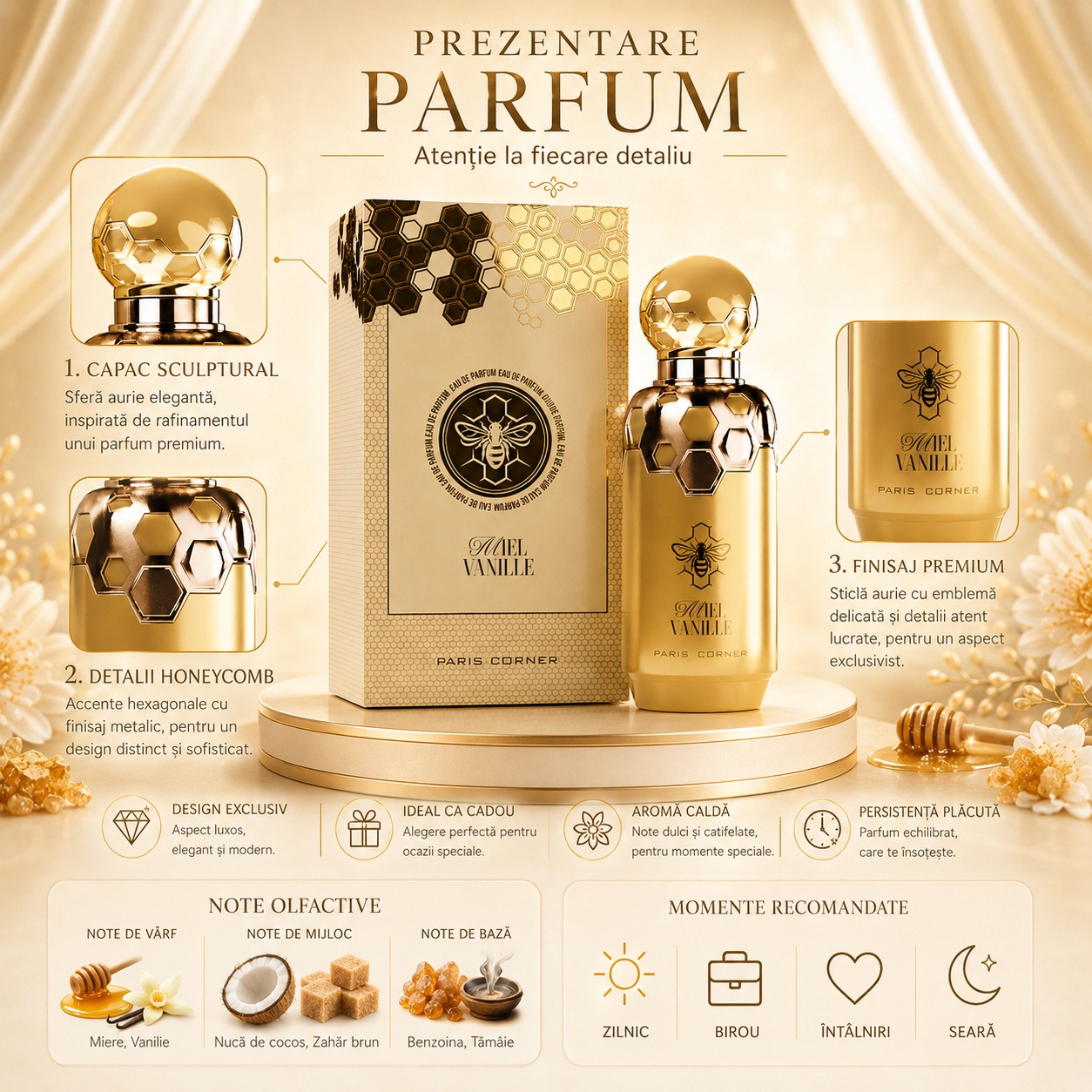 Prezentare parfum Miel Vanille Paris Corner cu detalii capac sculptural sticlă aurie și note olfactive