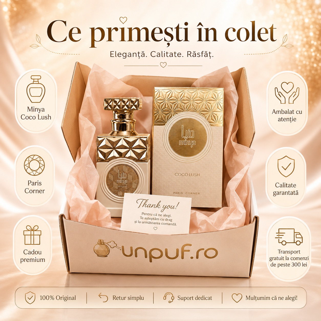 Ce primești &icirc;n colet Parfum Minya Coco Lush Paris Corner 100 ml ambalat cu atenție