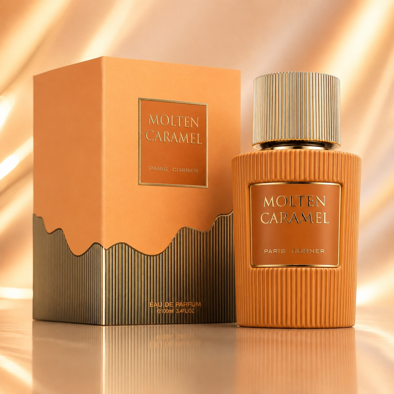 Parfum Arăbesc Paris Corner Molten Caramel 100 ml Apă de Parfum Unisex cu sticlă portocalie și cutie premium
