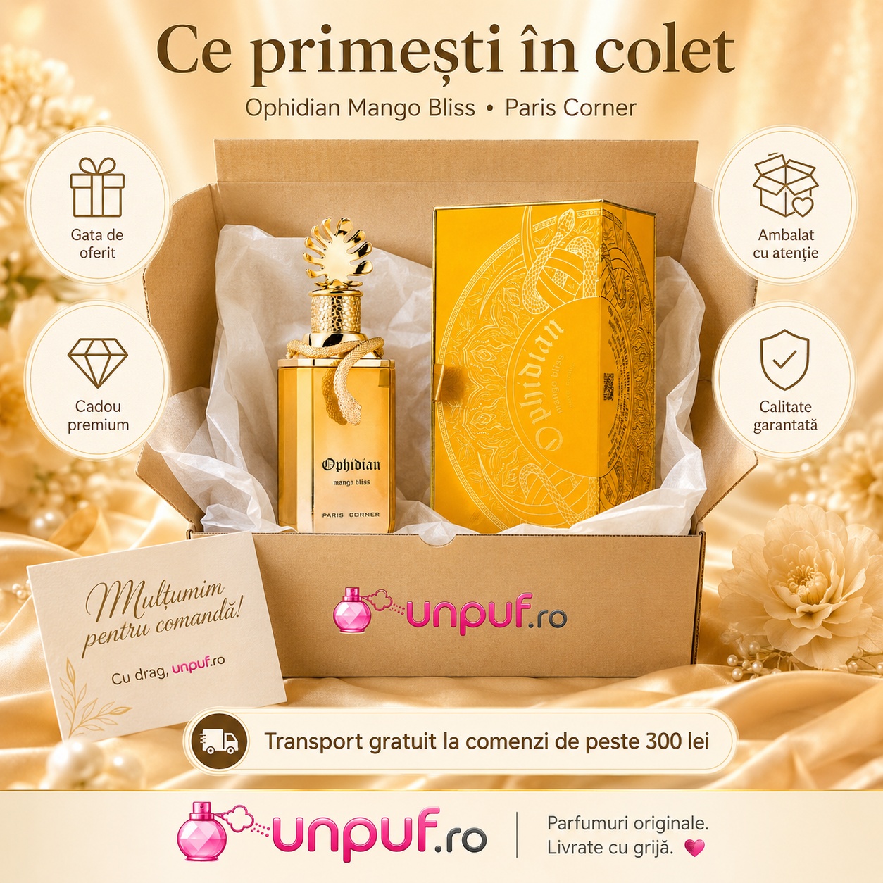 Ce primești &icirc;n colet Parfum Ophidian Mango Bliss Paris Corner 100 ml ambalat cu atenție