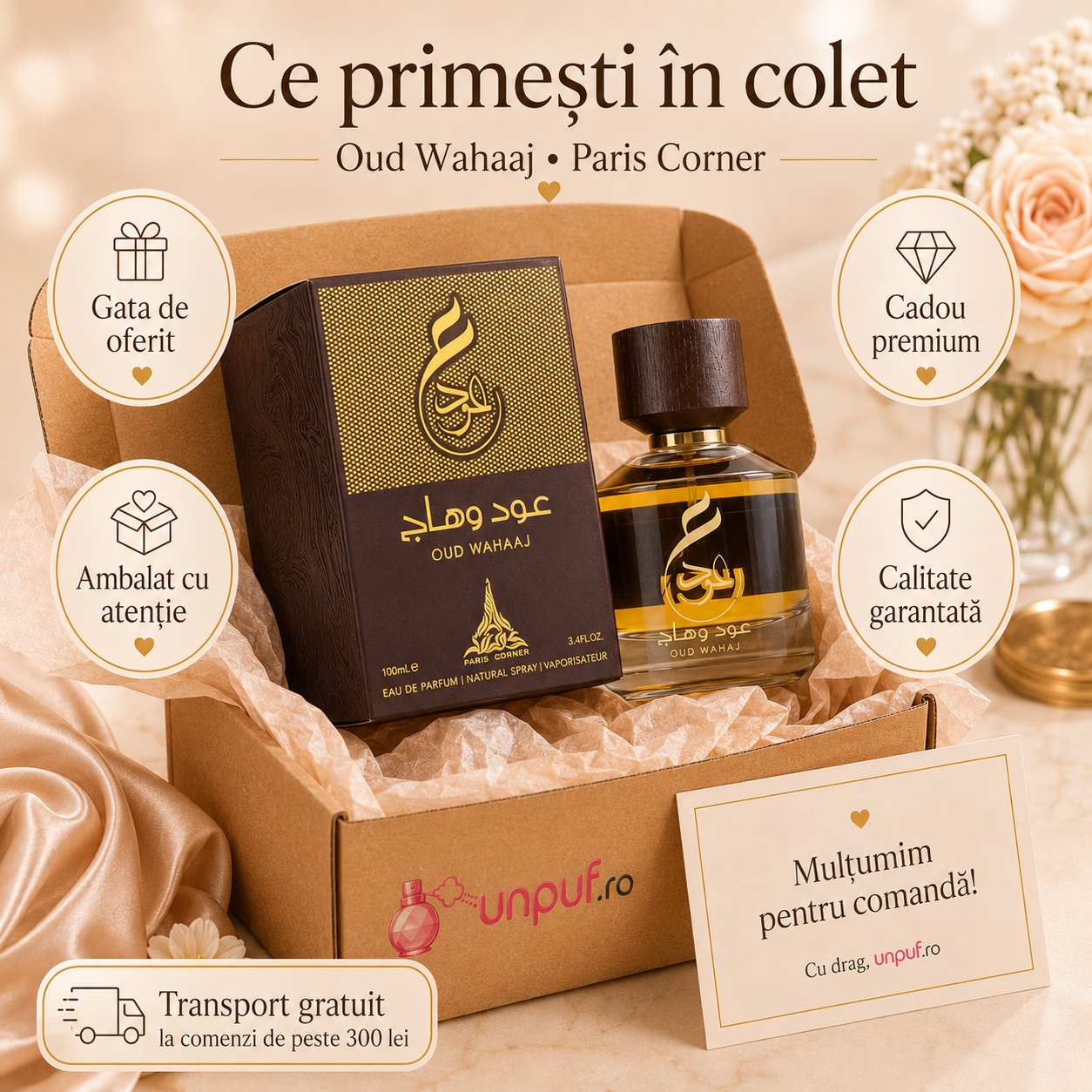 Ce primești &icirc;n colet Parfum Oud Wahaaj Paris Corner 100 ml ambalat cu atenție gata de oferit cadou