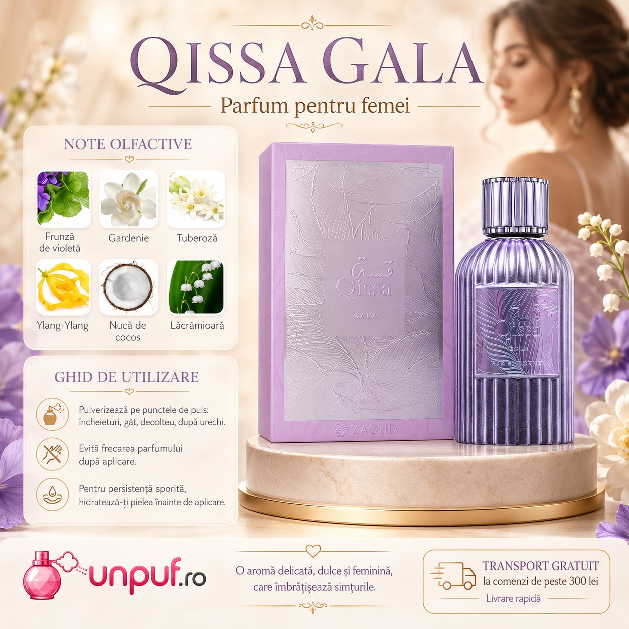 Qissa Gala Paris Corner parfum pentru femei cu note de frunză de violetă gardenie tuberoză ylang ylang cocos și lăcrămioară