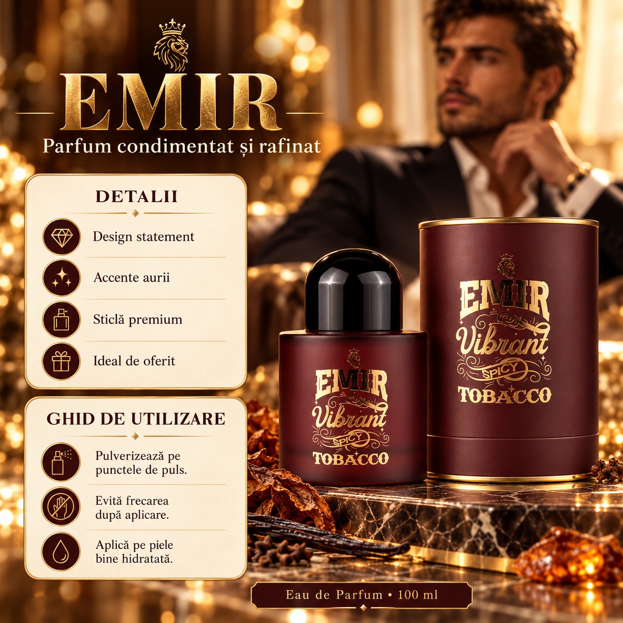 Detalii și ghid de utilizare pentru Paris Corner Vibrant Spicy Tobacco Eau de Parfum 100 ml