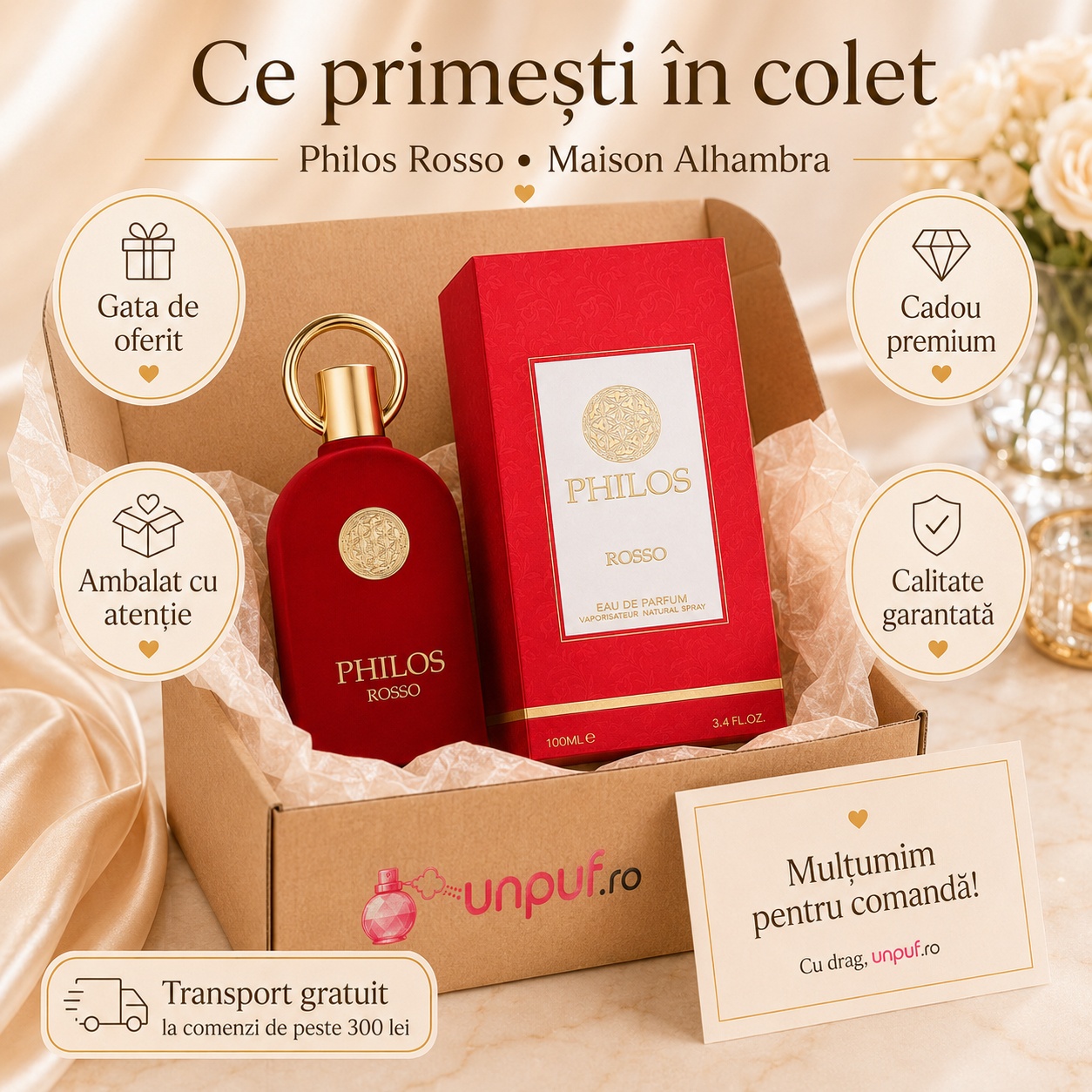 Ce primești &icirc;n colet Philos Rosso Maison Alhambra parfum arabesc unisex ambalat cu atenție de unpuf.ro