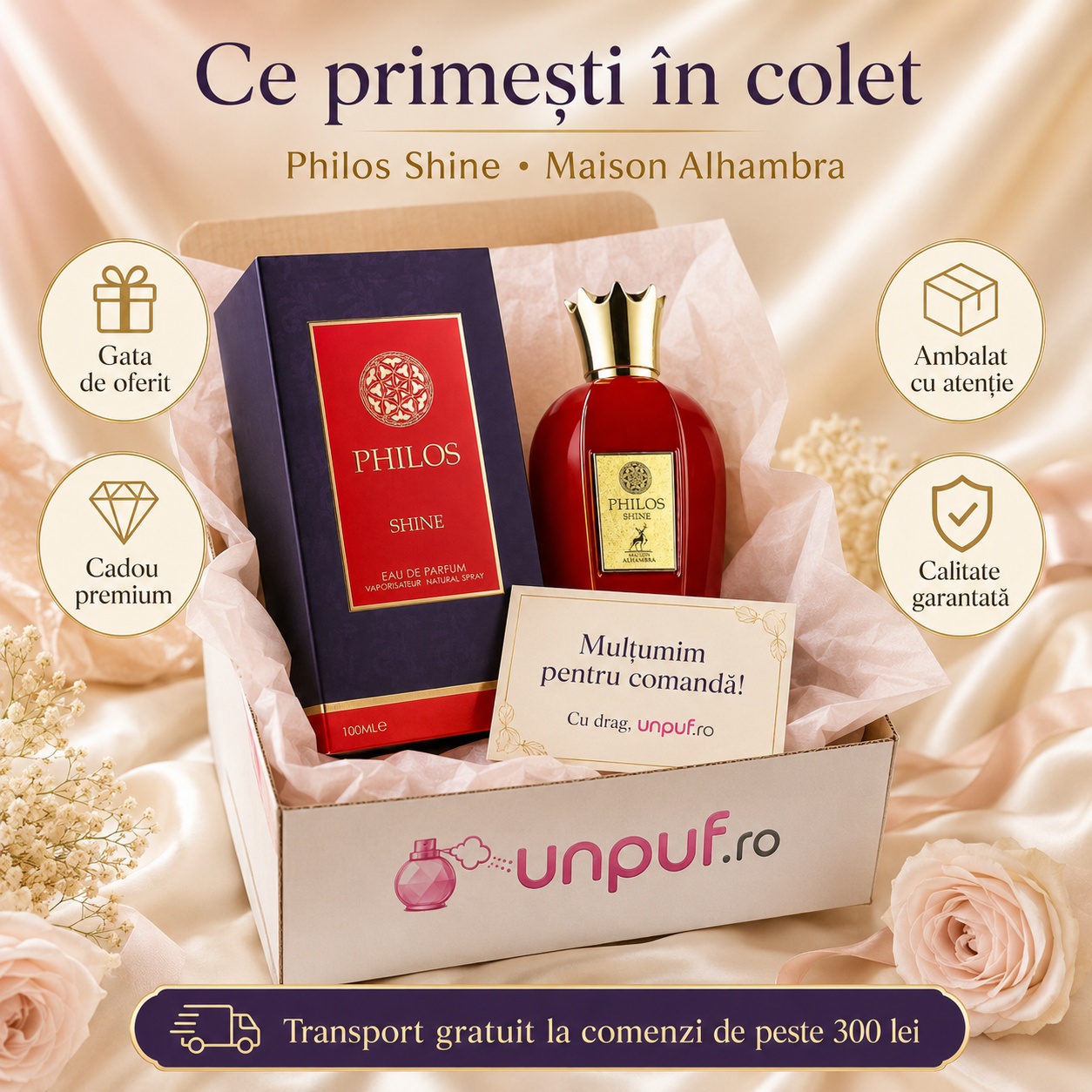 Ce primești &icirc;n colet Philos Shine Maison Alhambra parfum arabesc unisex ambalat cu atenție de unpuf.ro